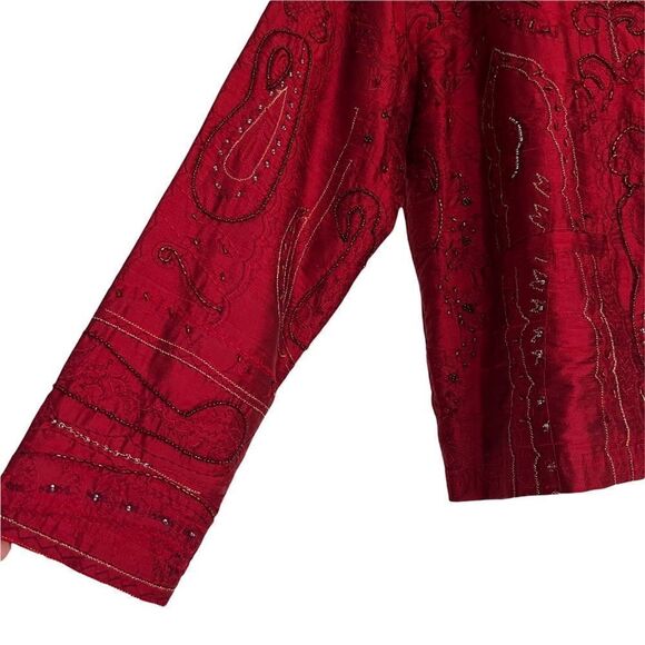 Vintage Chico’s Boho Red Silk Beaded + Embroidered Jacket Size 0 (= Small/4) - Picture 2 of 7